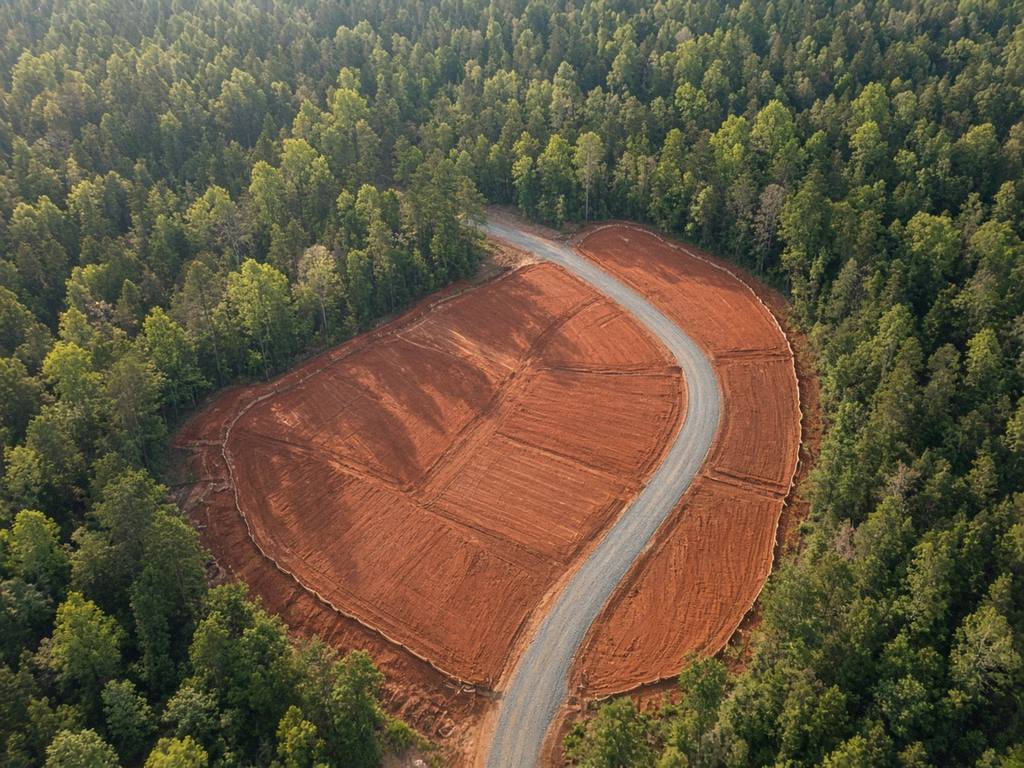 Aerial view of a land development site with graded red-clay pads and a new gravel road winding through forest